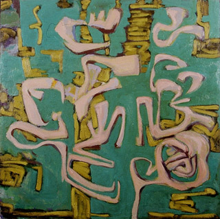 Rosa figurer mot grön och gulockra bakgrund, olja på duk, 1986
